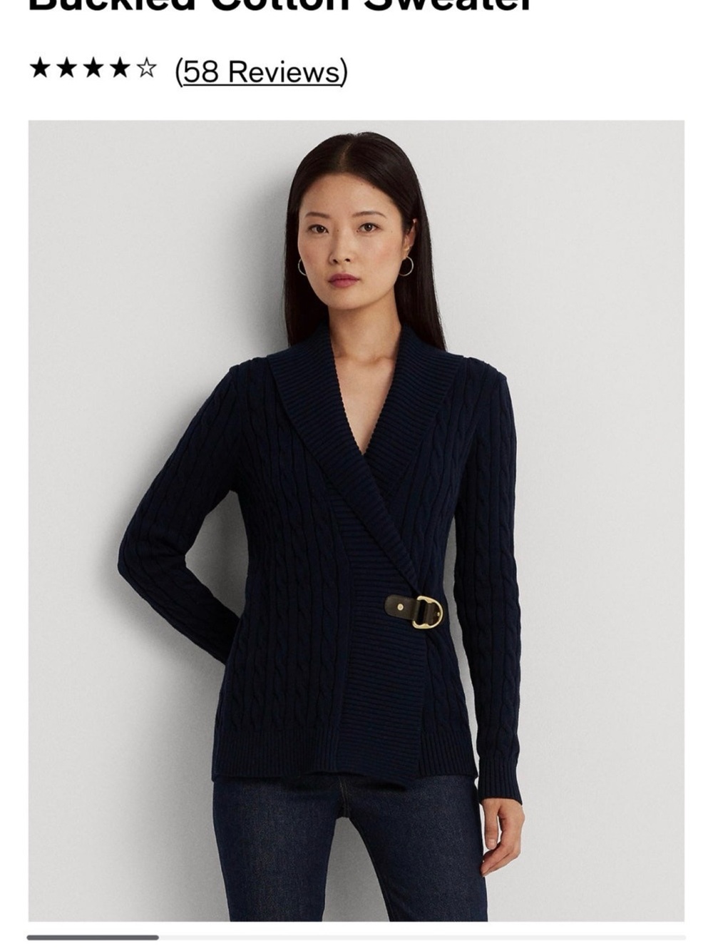 Lauren Ralph Lauren Navy Cable-Knit Shawl Cardigan with Buckle